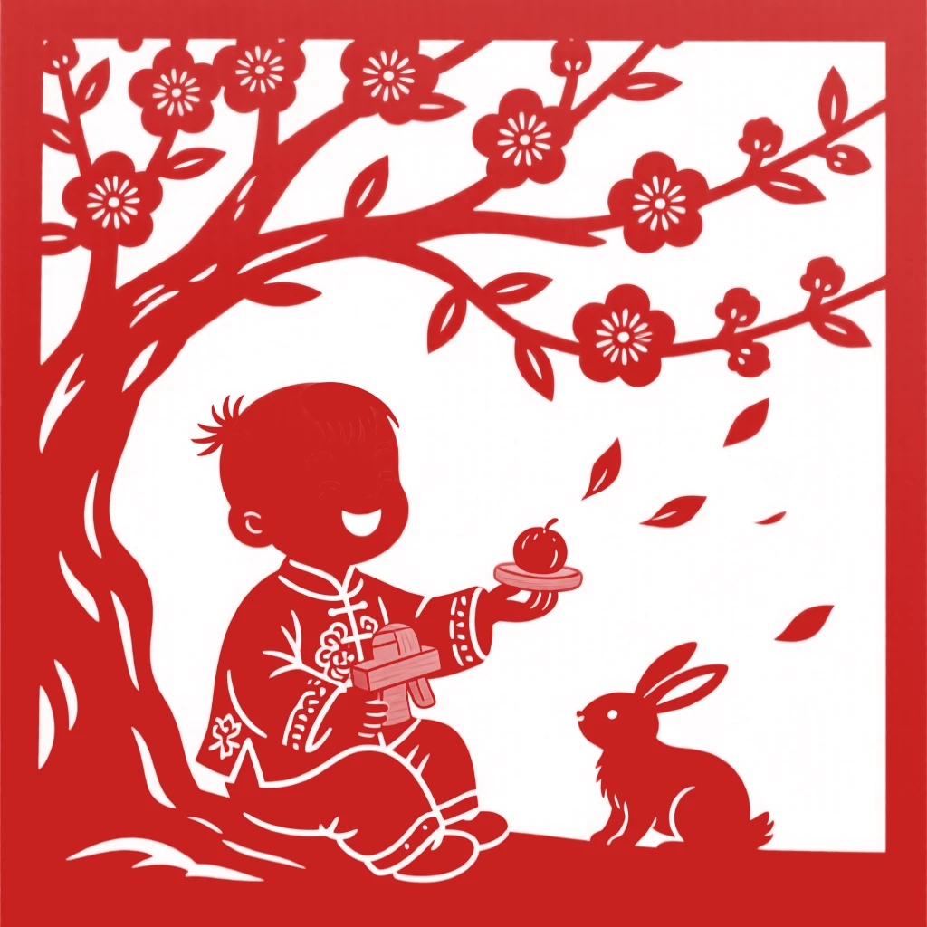 A small boy with a wooden toy, sharing a treat beneath a blossoming tree, petals drifting down around them from a nearby tree.