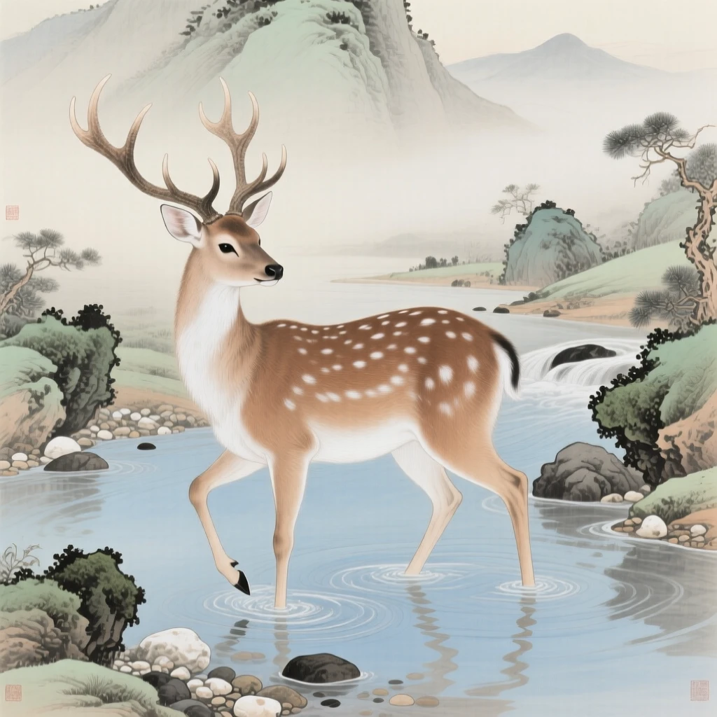 A deer with velvet antlers wading through a shallow mountain stream