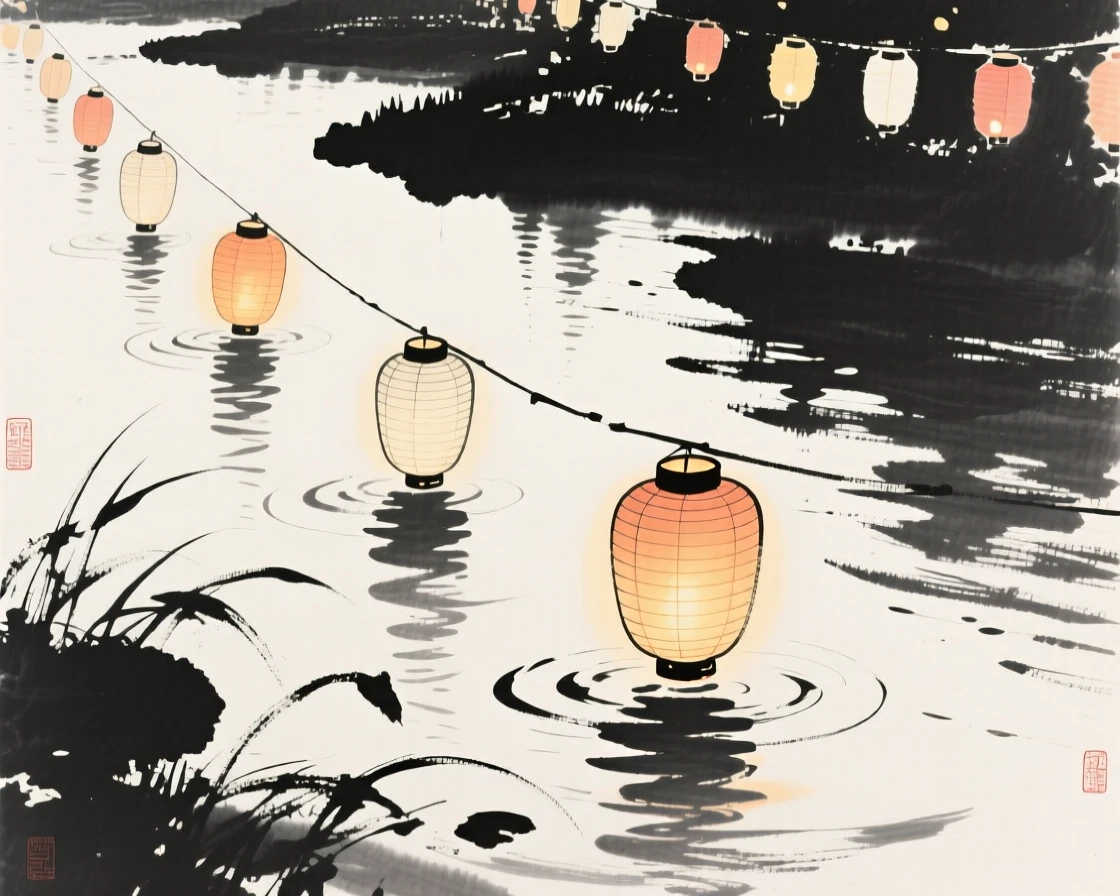 Paper lanterns floating down a quiet river during a summer festival, balanced between soft shadow and warm points of light, suggesting nostalgia and gentle celebration.