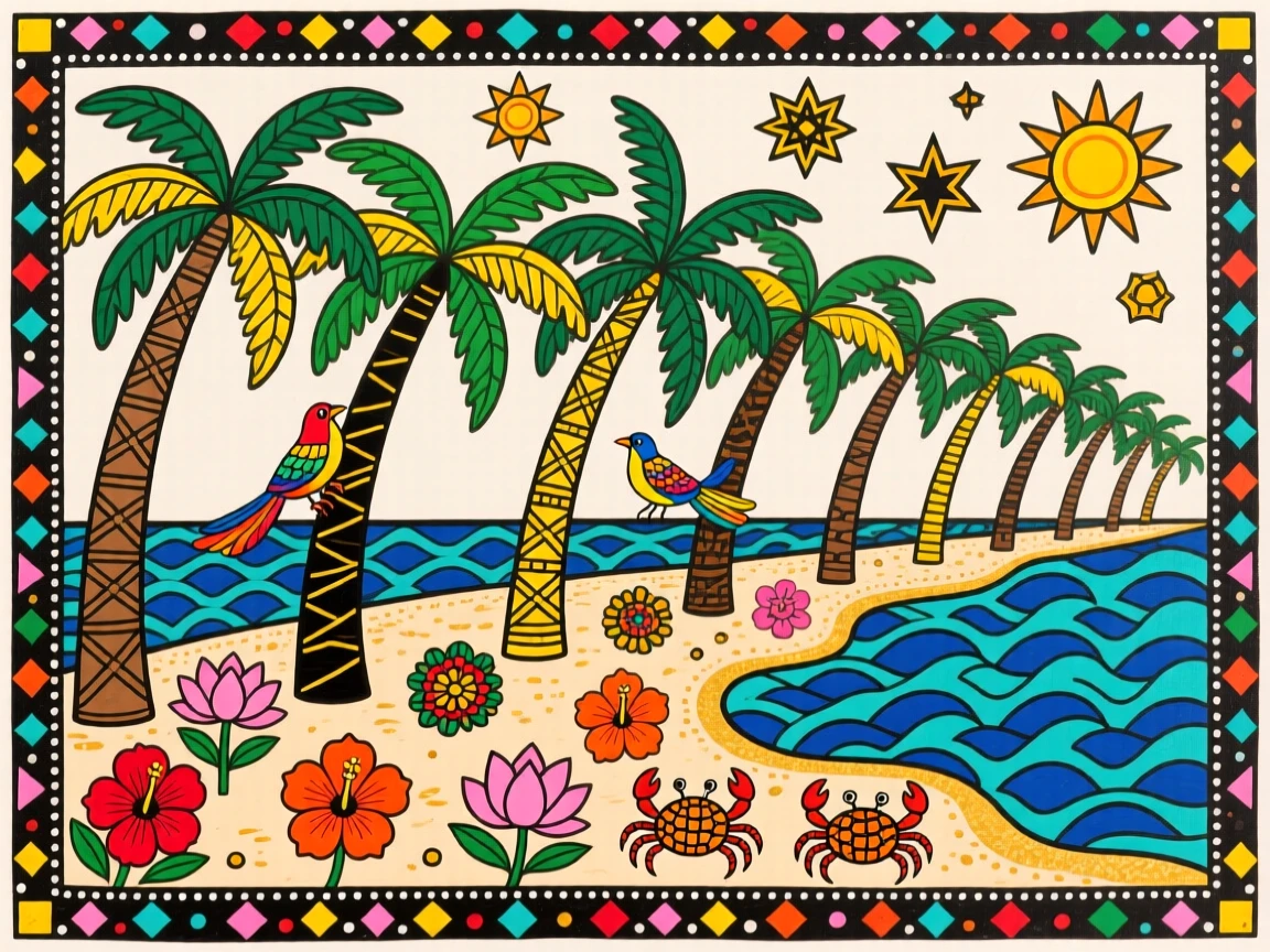 A row of coconut palms leaning gently along a sandy shore.