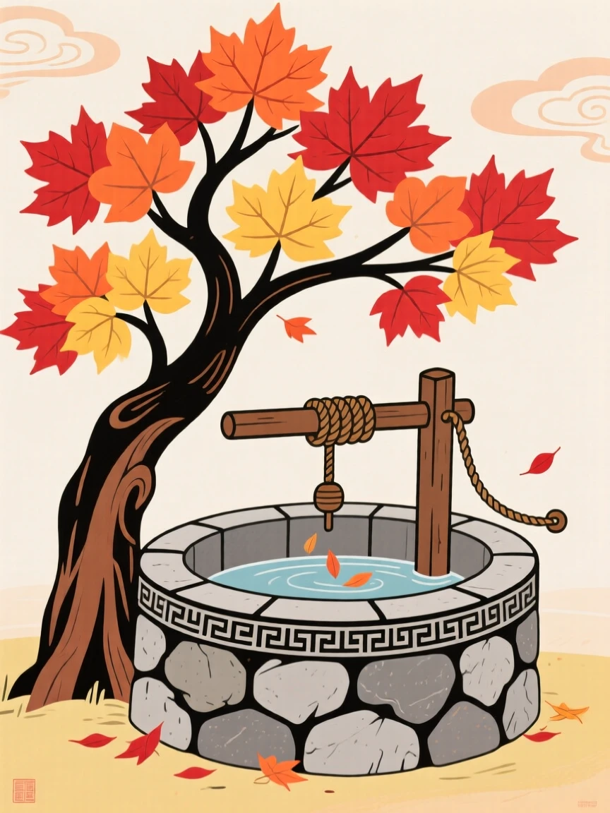 A maple tree ablaze with autumn color beside an old well.