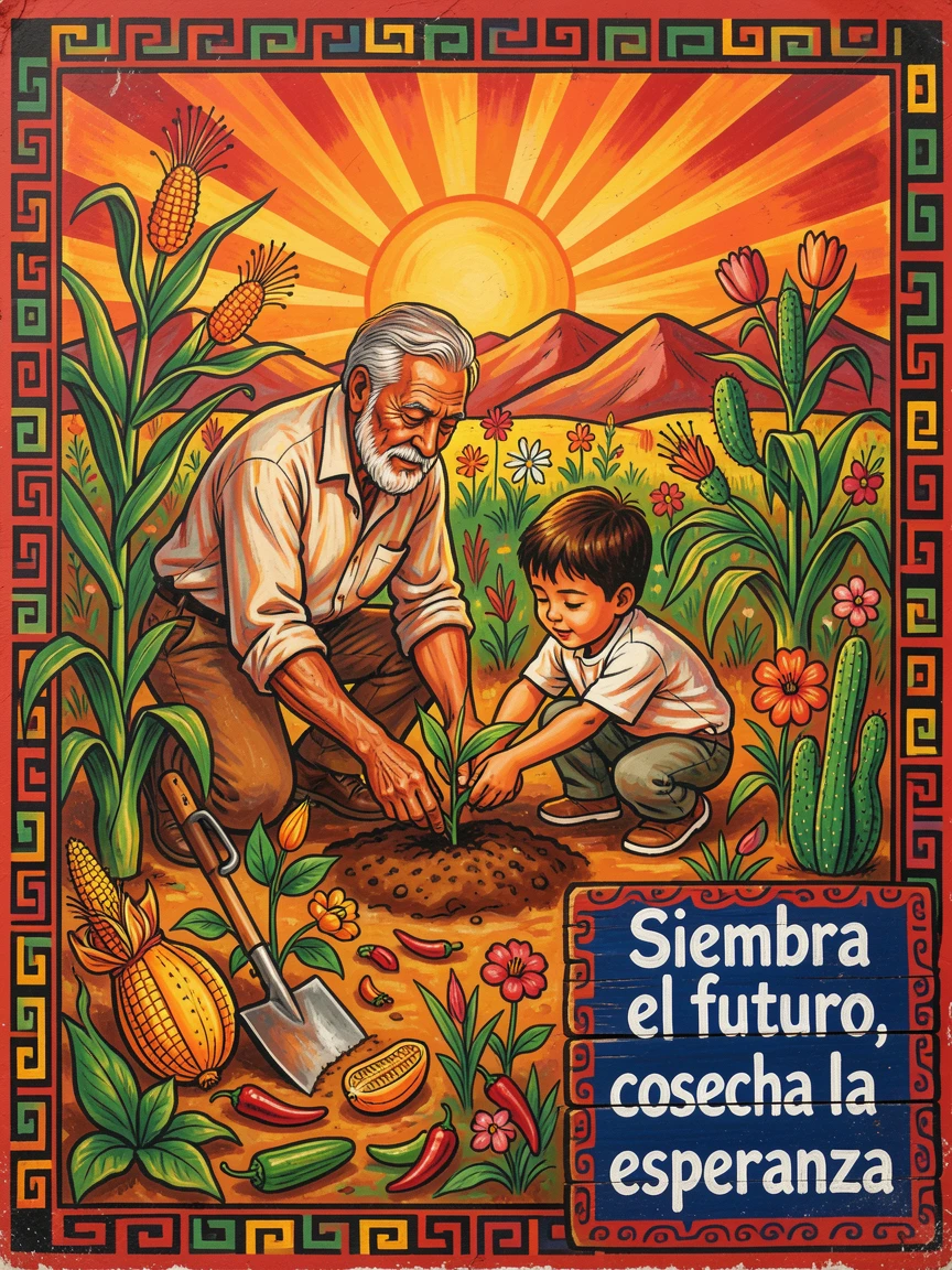 A grandfather teaching his grandson to plant a garden