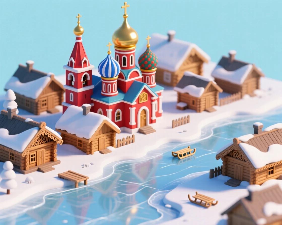 A miniature Russian village with onion-domed church spires, a frozen river for sledding, and wooden izba cottages trimmed with carved decorative eaves.