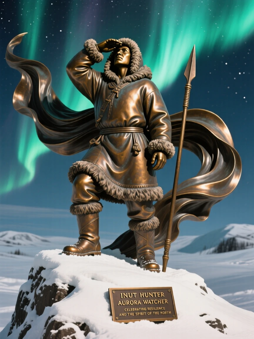 An inuit hunter watching the aurora from a snowy ridge, amid a swirl of dramatic drapery, forming a strong central focal point