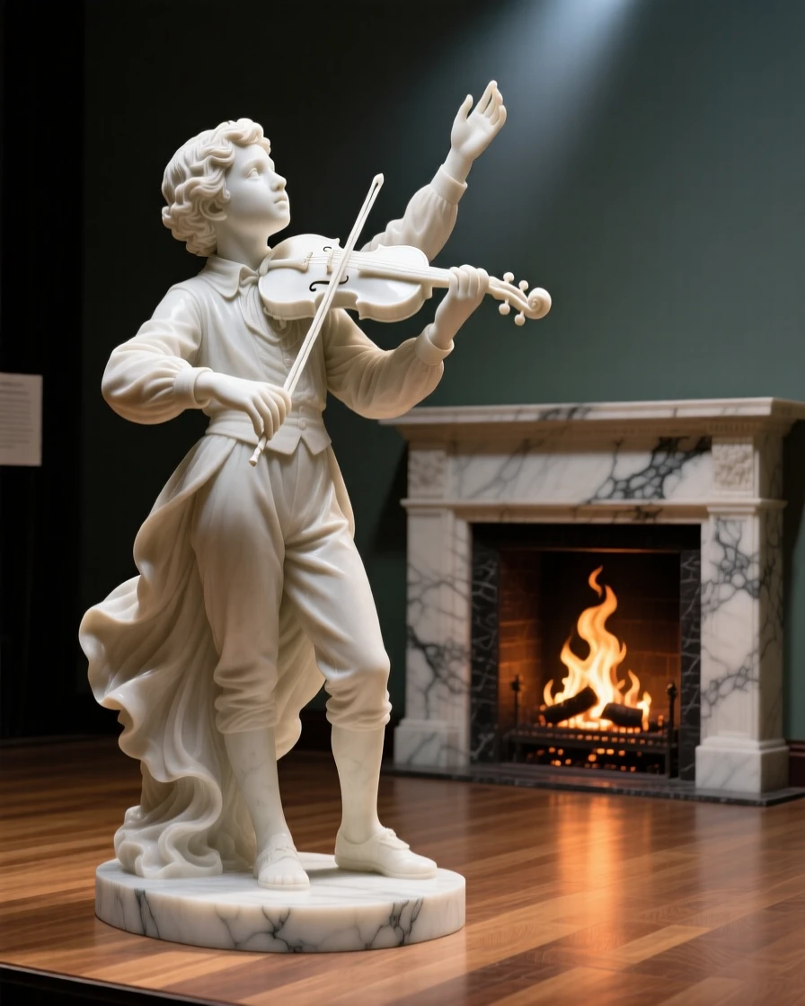 A tender portrait of a violin prodigy performing on stage, reaching upward toward the light, beside a crackling fireplace, evoking warmth and humanity