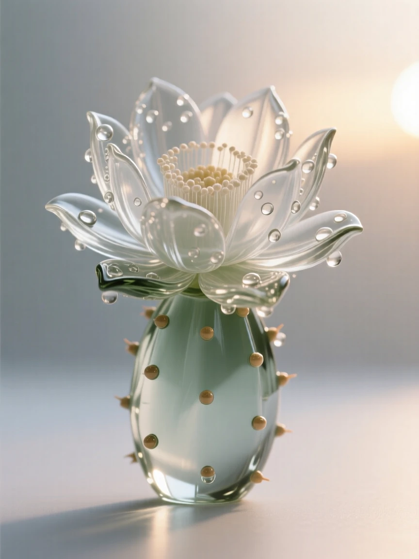 A cactus flower blooming at dawn, backlit by soft morning sunlight, dew drops clinging to the petals, composition centered and intimate, evoking freshness and calm.
