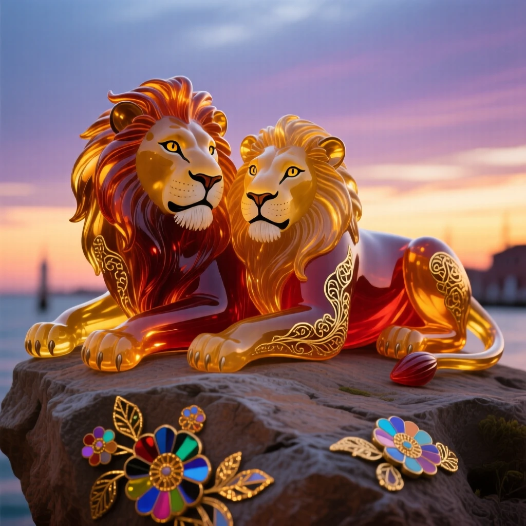 A pair of lions resting together atop a sunbaked rock at dusk, regal and affectionate.