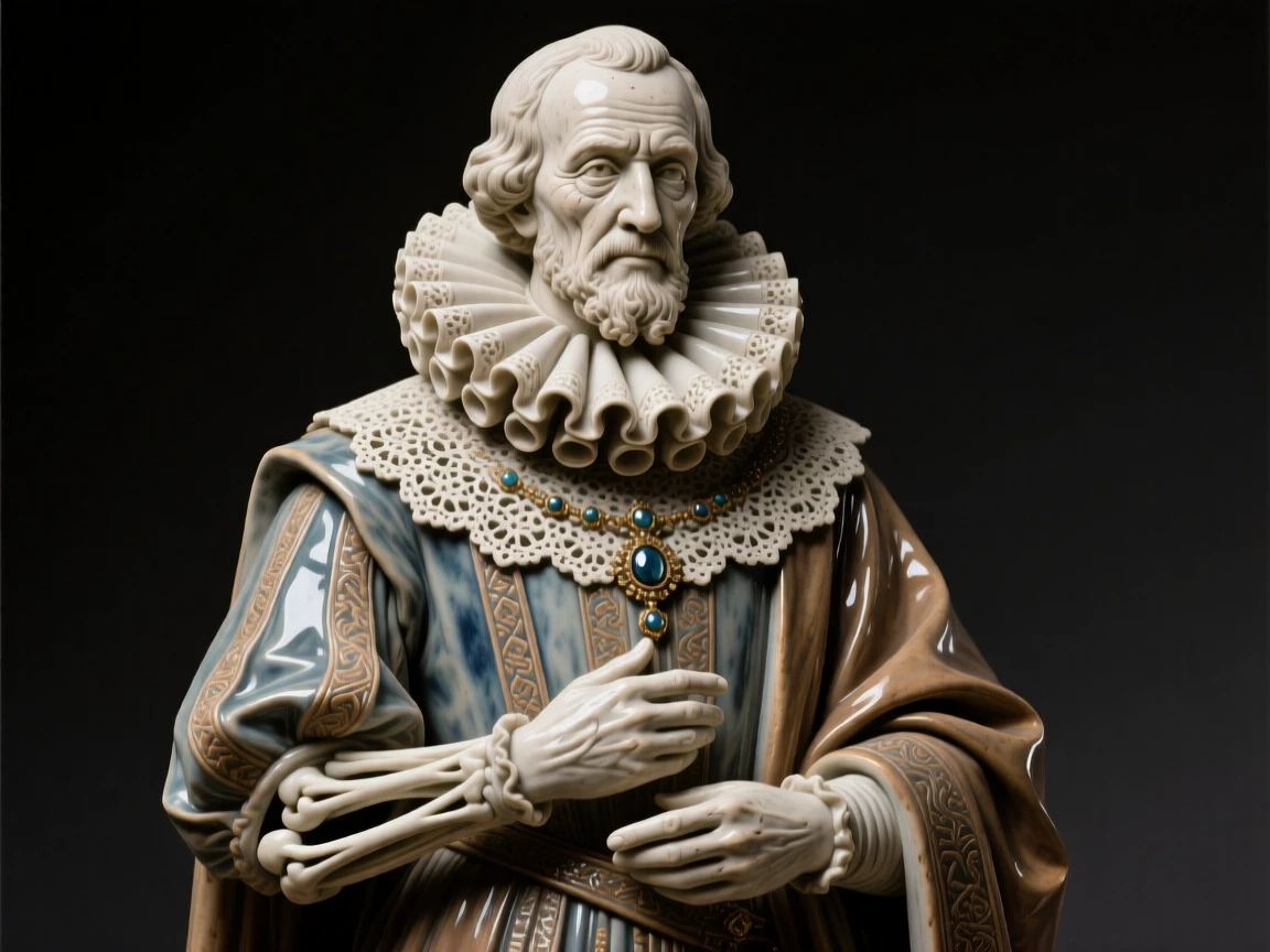 A Renaissance nobleman in an ornate collar captured mid-ceremony with solemn dignity, with weathered features telling silent stories, conveying quiet authority and enduring legacy.