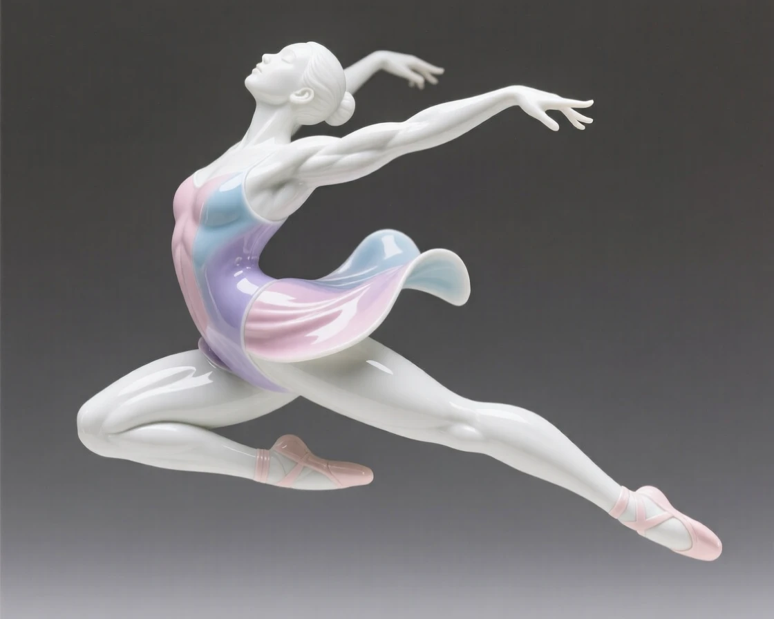 A graceful contemporary dancer caught in the middle of a soaring leap, muscles and lines full of controlled energy.