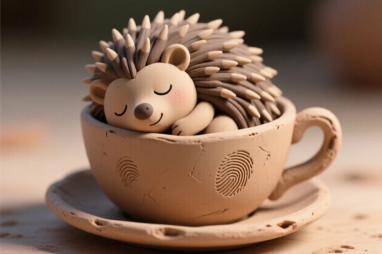 A baby hedgehog curled asleep inside a teacup