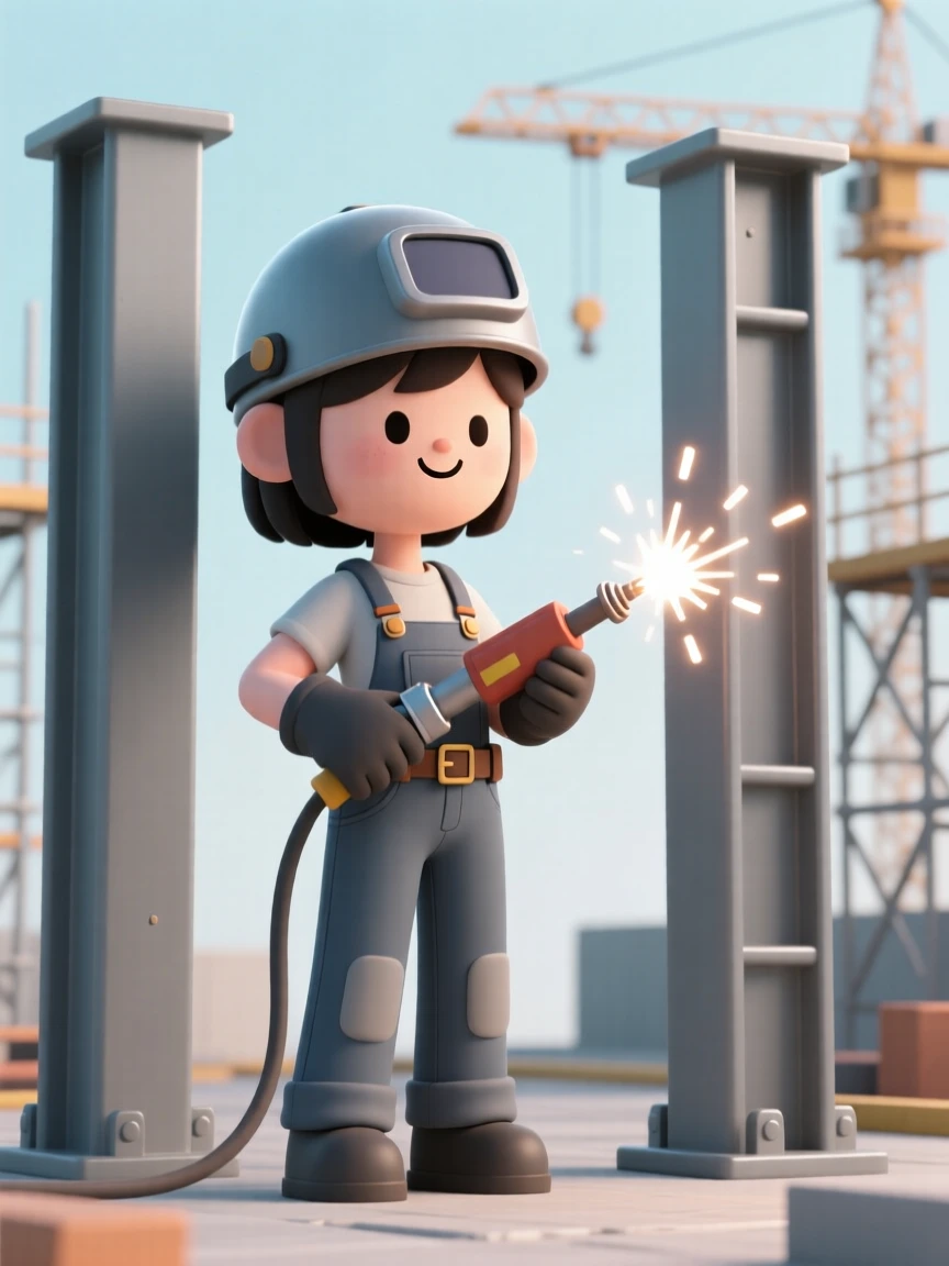 A determined welder sends sparks flying as she joins two steel beams inside a bustling construction site.