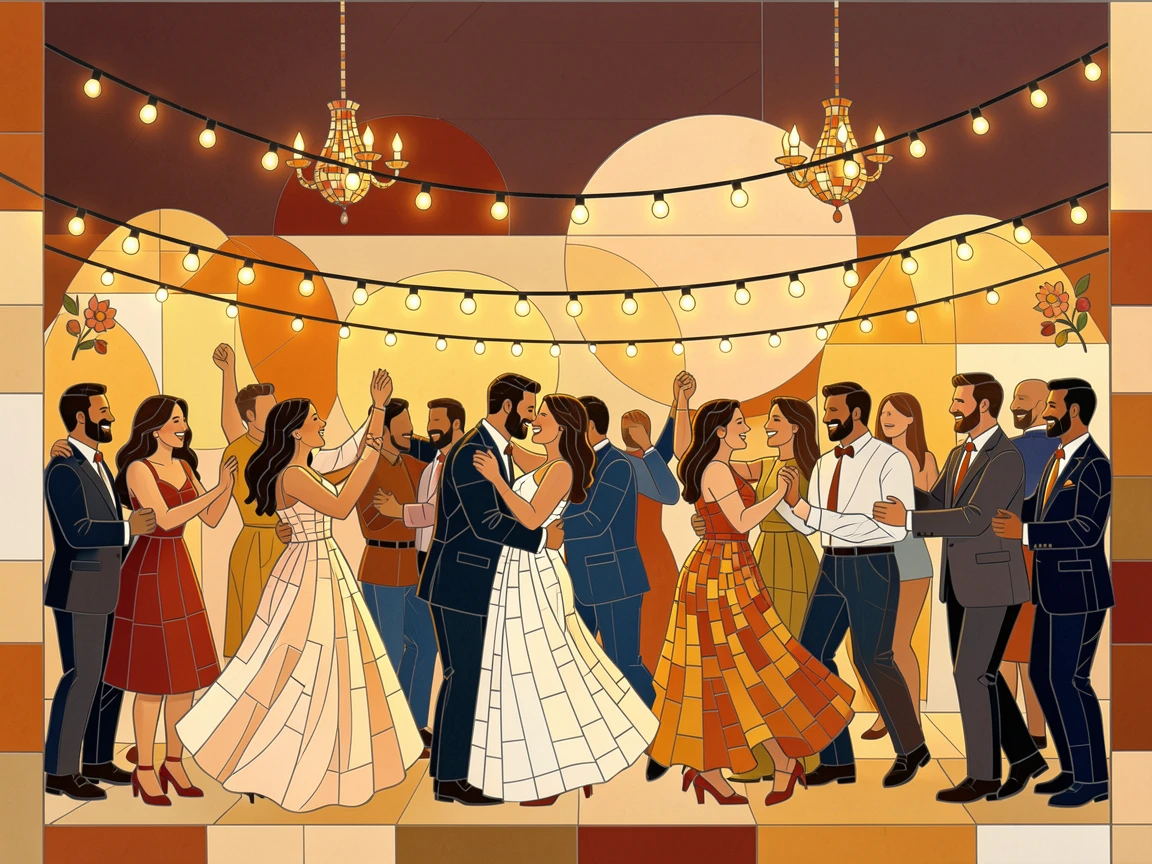 A joyful wedding celebration with guests dancing under string lights, filled with warm light, motion, and joyful energy.