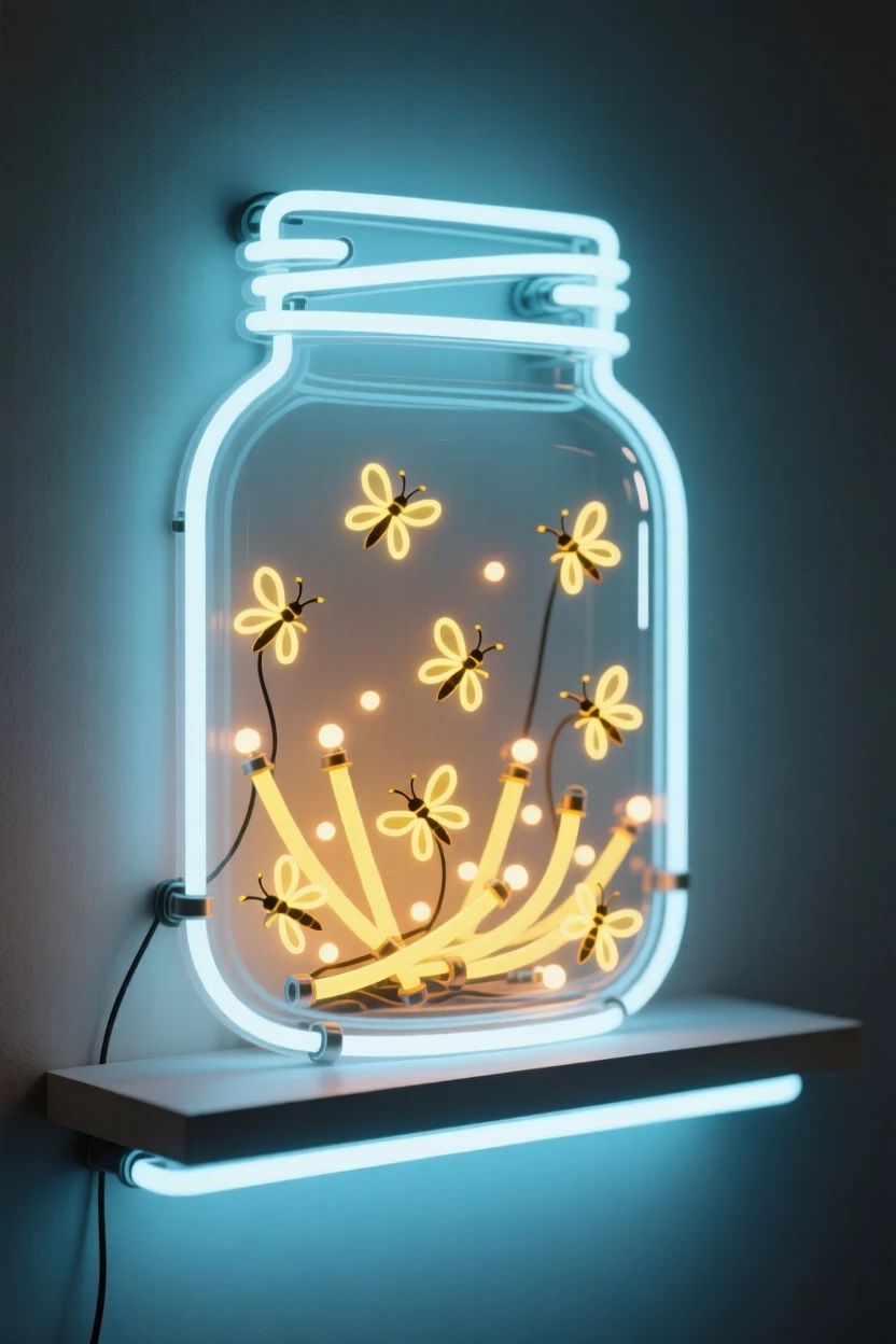 A jar filled with captured fireflies glowing softly on a shelf.