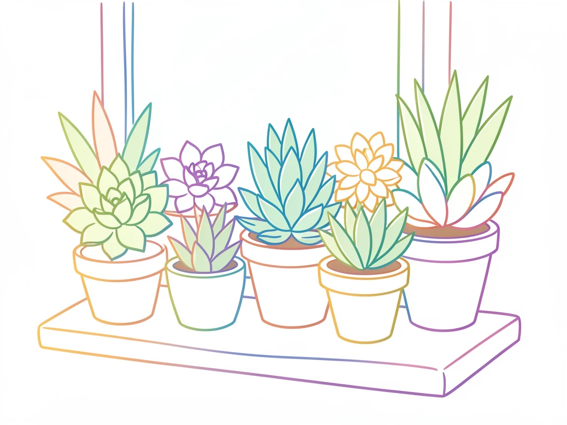 A potted succulent garden arranged on a sunny windowsill shelf.