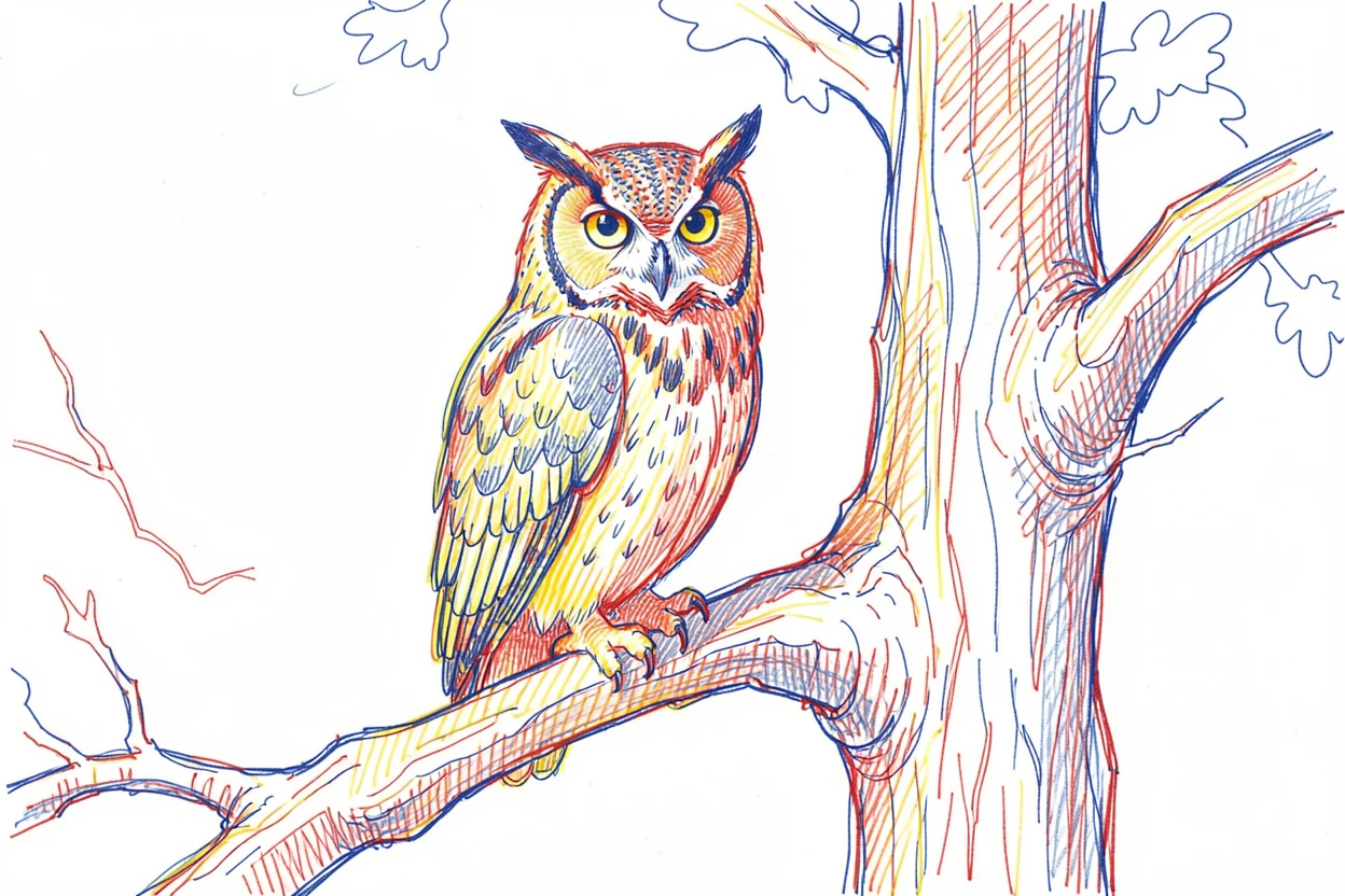 A great horned owl perched in an old oak tree at dusk, eyes wide open