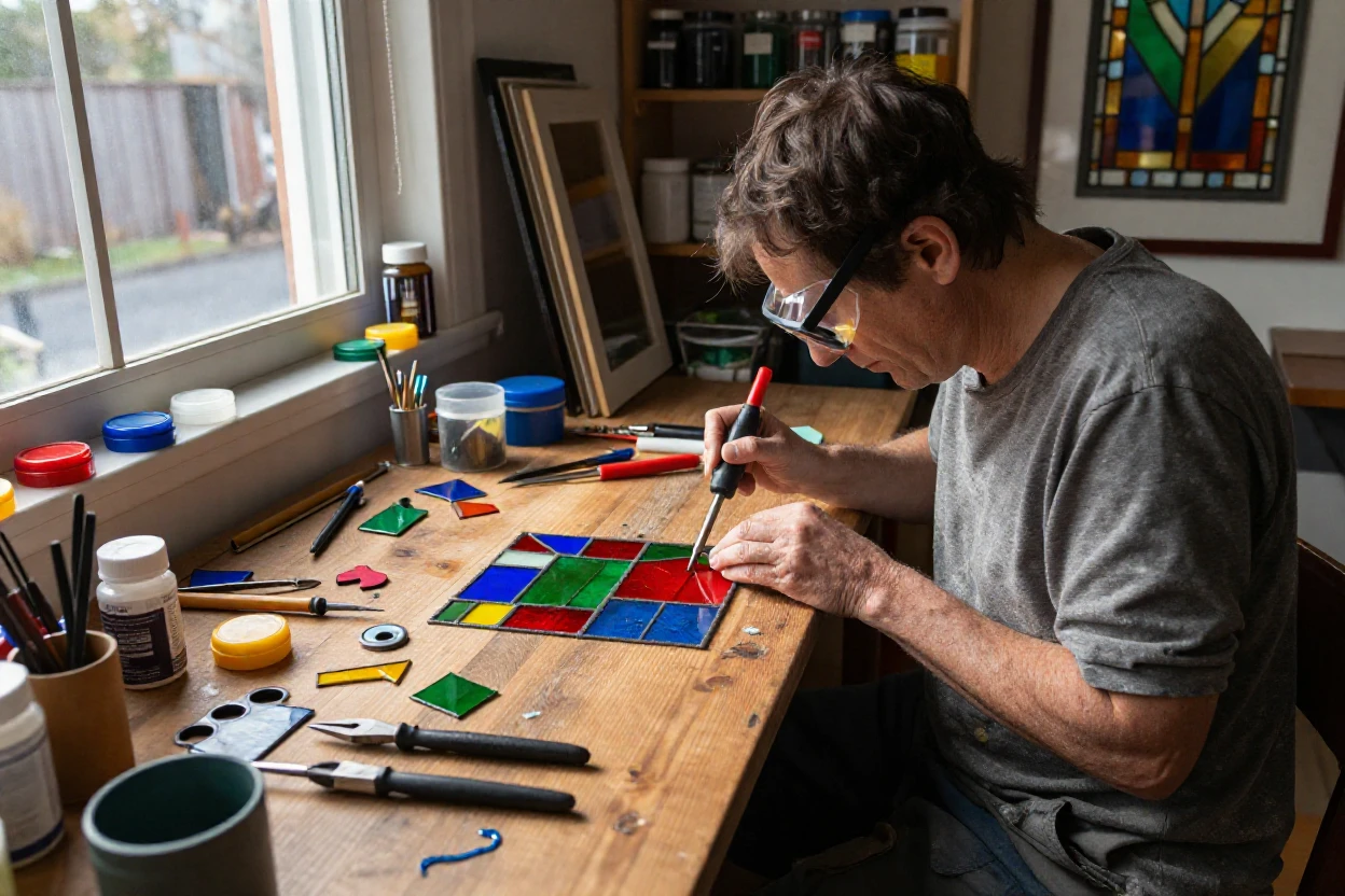 A stained glass artisan solders together colorful pieces of glass at a sunlit workbench.