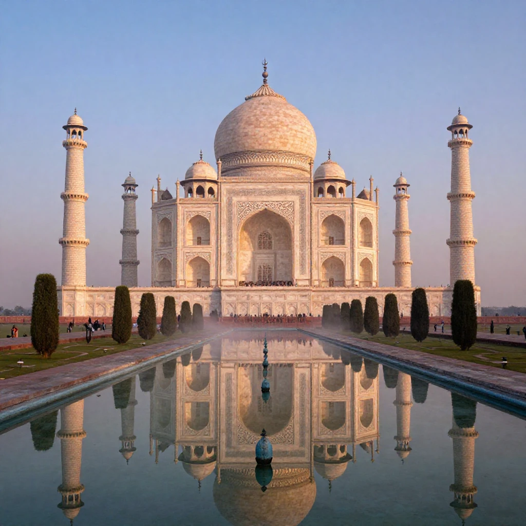 The Taj Mahal reflected perfectly in its still garden pool at dawn