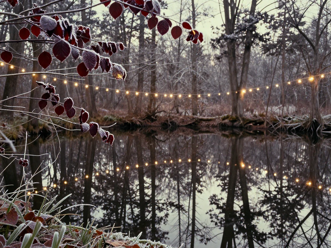 A quiet forest pond reflecting surrounding trees like a mirror, under strings of warm string lights, with frost coating every surface, in early spring, with rich burgundy and gold accents, at eye level, intimate and direct.
