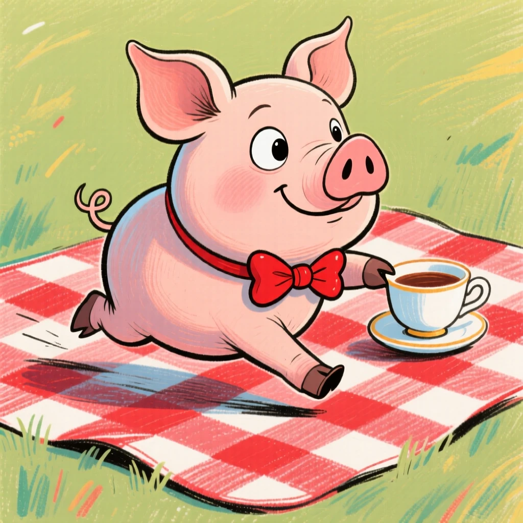A tiny teacup pig wearing a bowtie, trotting importantly across a picnic blanket.