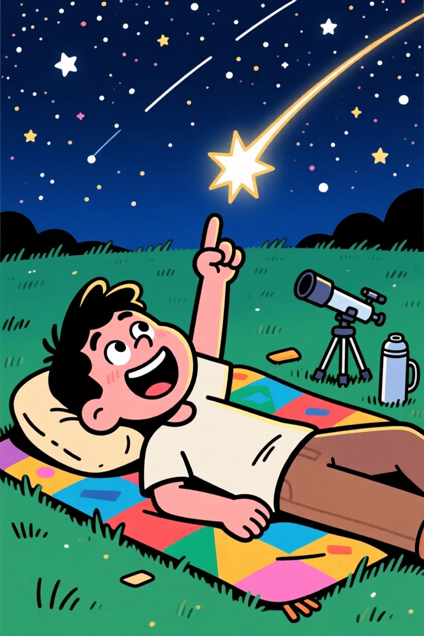 An everyday-life snapshot of an avid stargazer lying on a blanket, pointing excitedly up at a shooting star.