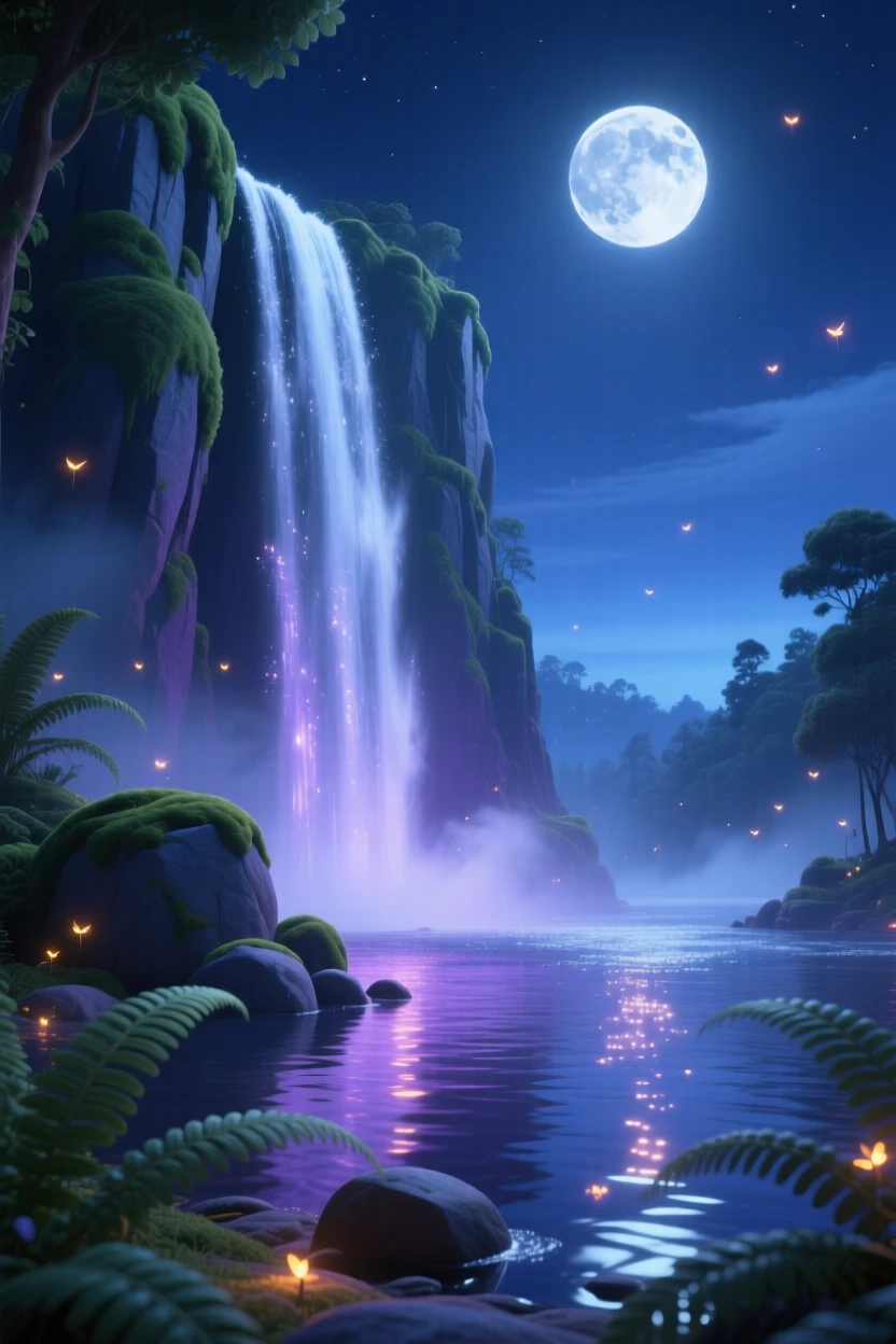 A towering waterfall glows as the moon rises slowly above the horizon, with reflections shimmering perfectly on the water's surface. The atmosphere feels fresh, alive, and untouched.
