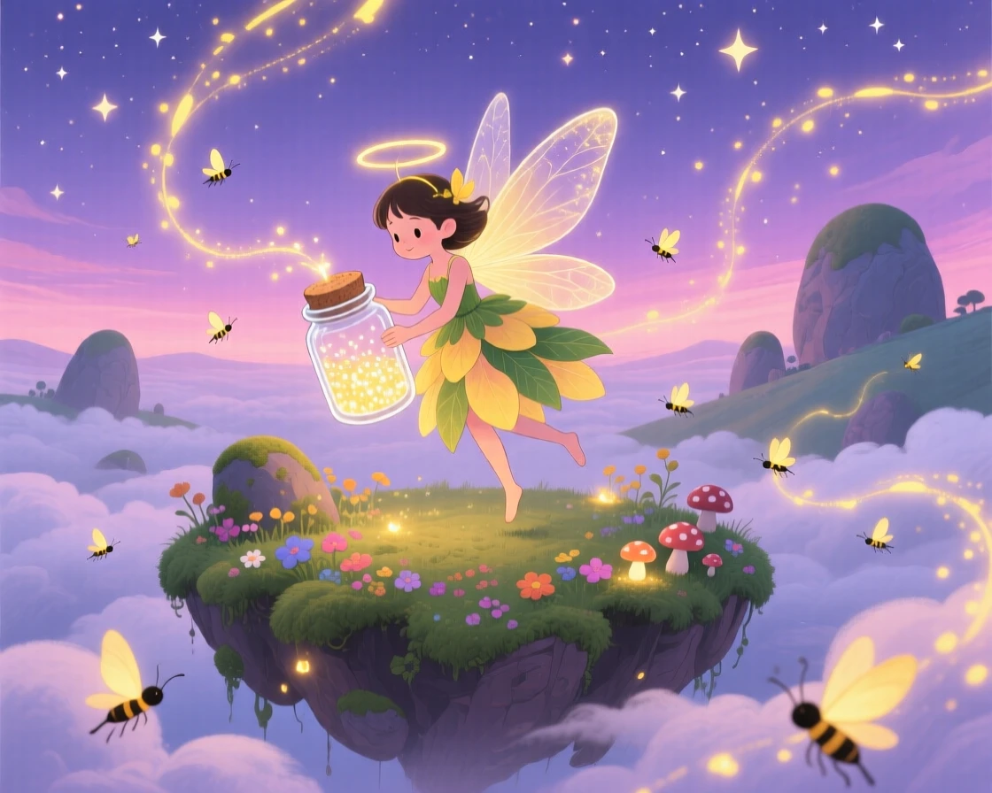 Deep within a floating island in the clouds, a firefly fairy spends the evening collecting stardust in a glass jar, with fireflies weaving glowing trails.
