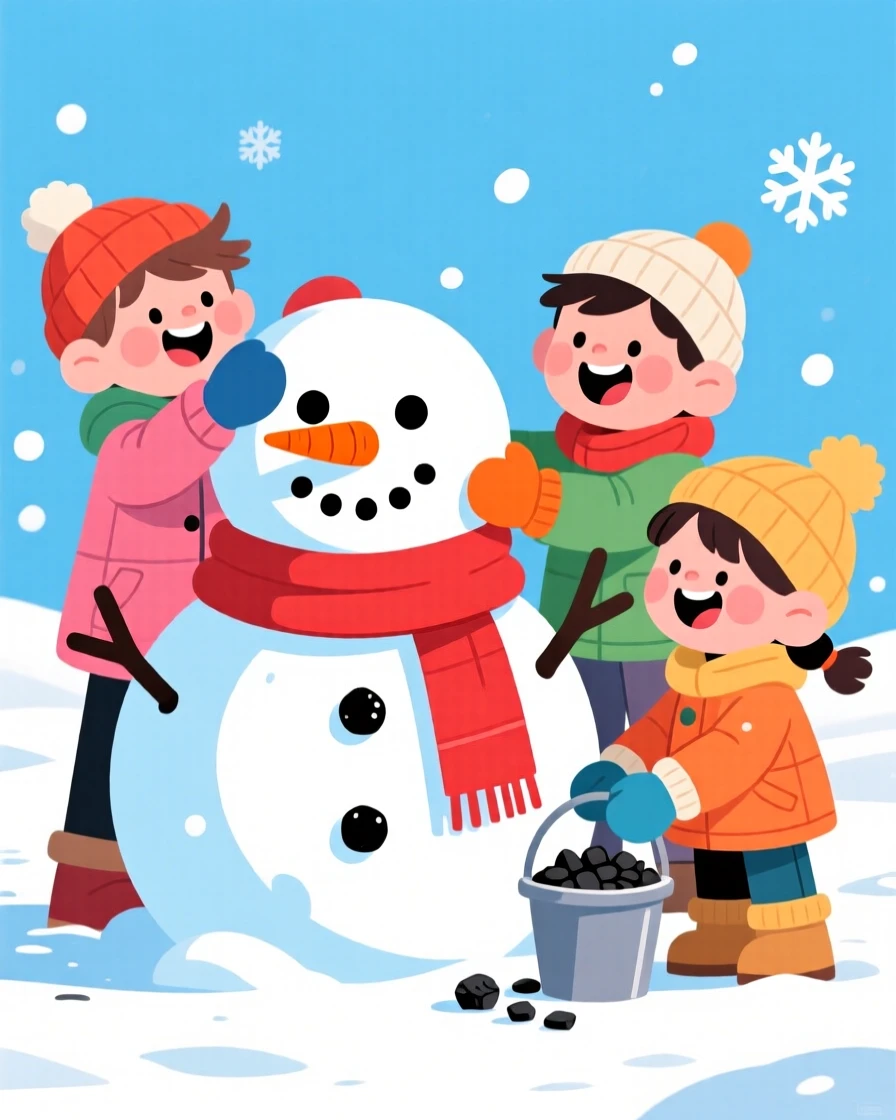 Children building a snowman with a carrot nose and scarf.