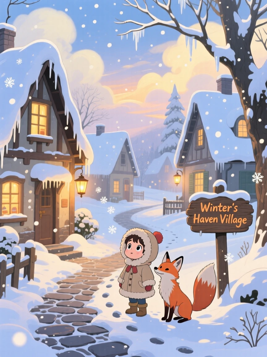 A winter scene of a village blanketed in fresh snow with warm lit windows, with soft light filtering through the atmosphere.