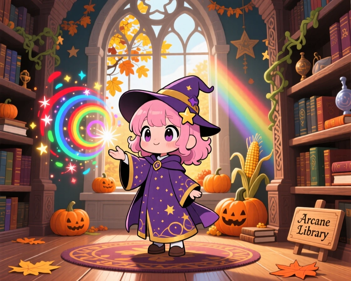 A young sorceress conjuring a swirl of colorful sparks, framed as a framed through a window within a mystical library tower, during golden autumn harvest season, glowing under bright rainbow-tinted light, evoking peaceful calm.