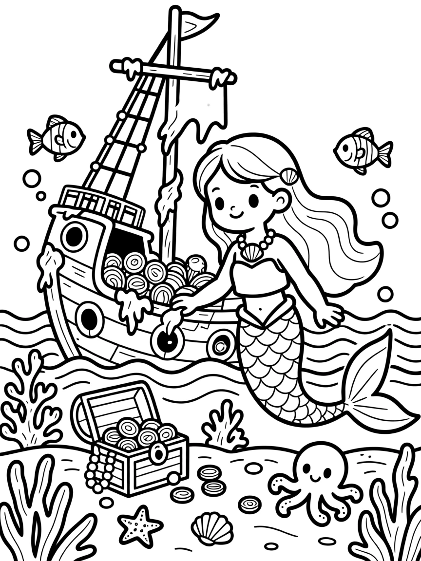A mermaid exploring a sunken pirate ship full of treasure