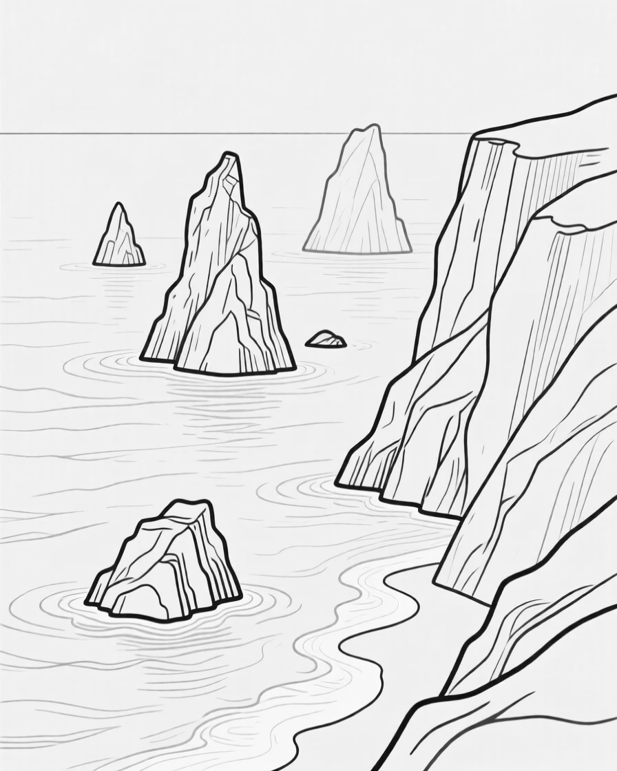 A rugged coastline with sea stacks rising from the water