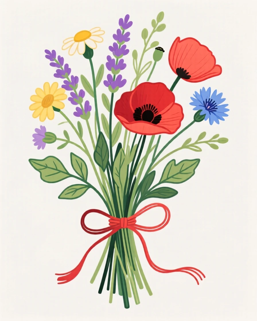 A bouquet of wildflowers tied with a ribbon.