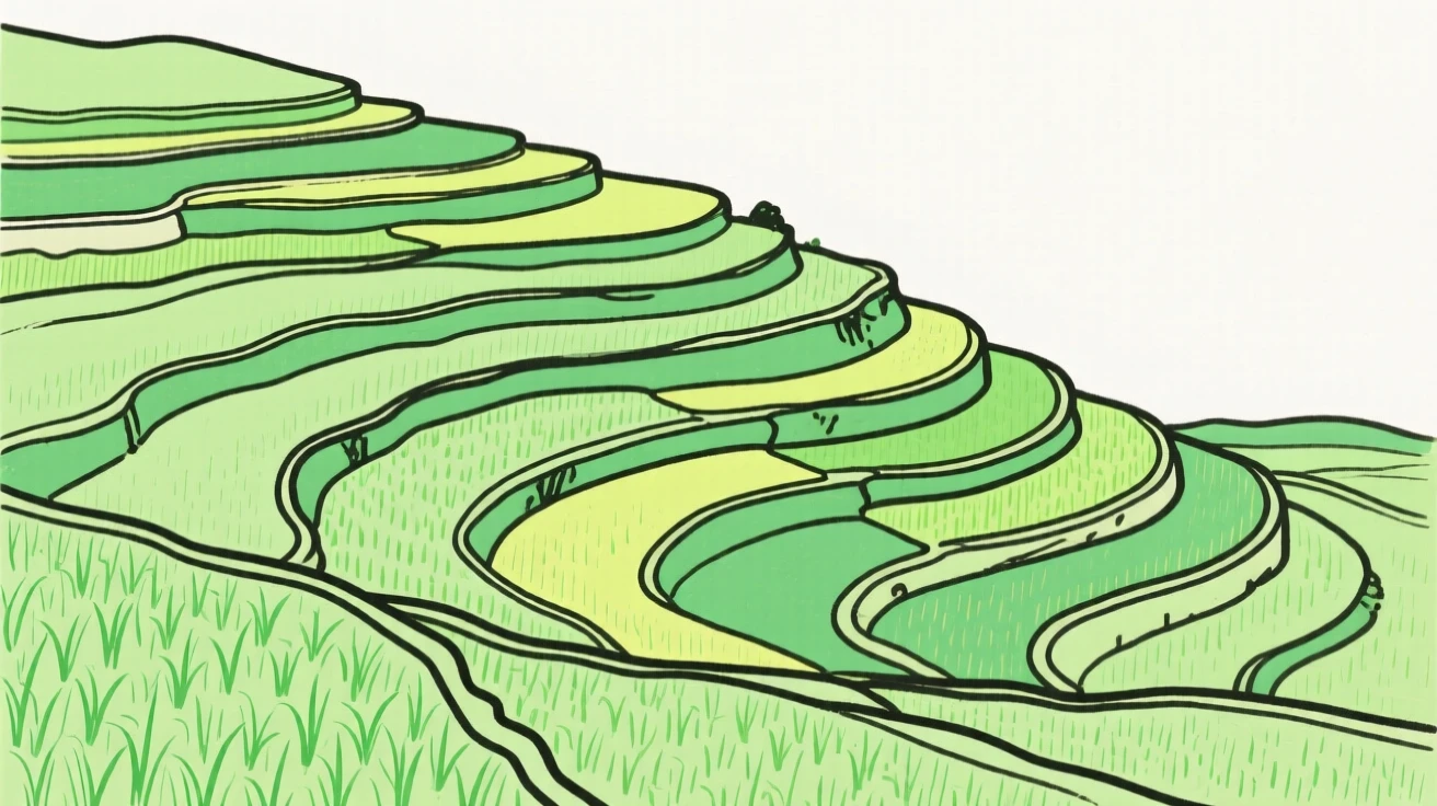A field of lush green rice terraces carved into a hillside.