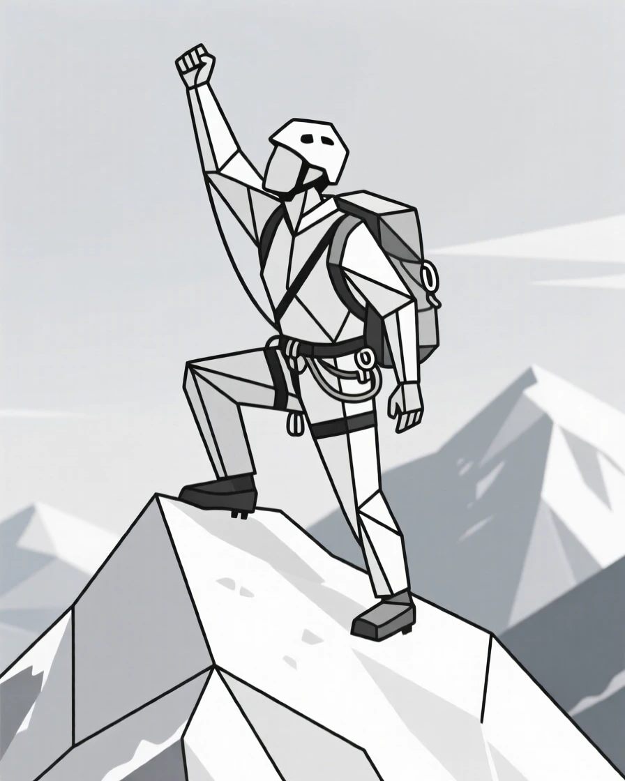 A mountain climber reaching a snowy summit