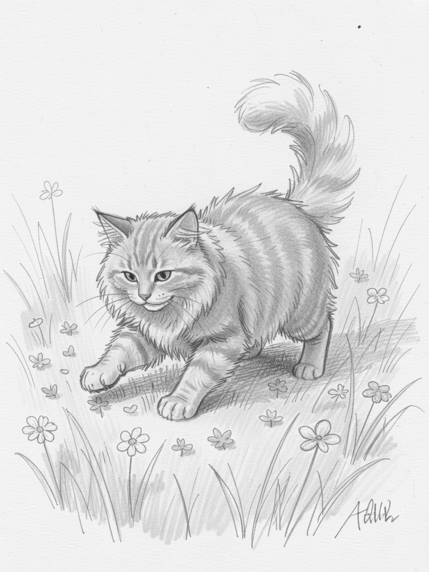 A heartwarming scene of a fluffy orange tabby cat playing in a sunlit meadow, among scattered wildflower petals.