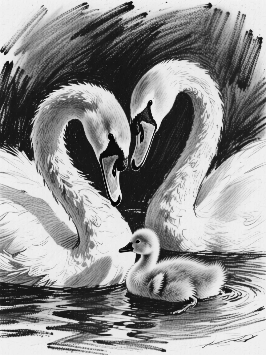 A pair of swans grooming its young with gentle care.