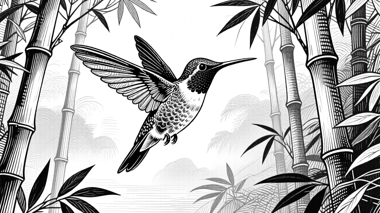 A hummingbird in flight within a dense bamboo grove, against a backdrop of drifting mist, capturing a fierce yet graceful moment in nature with a strong, centered focal point.