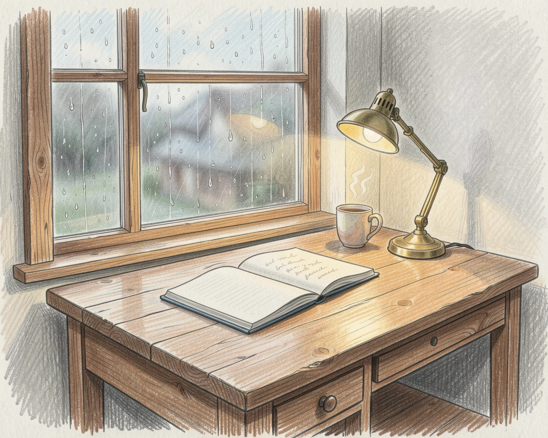 A charming home office with a wooden desk beside a rain-streaked window, with soft shadows and a gentle, lived-in charm, evoking the feeling of a peaceful slow morning at home.