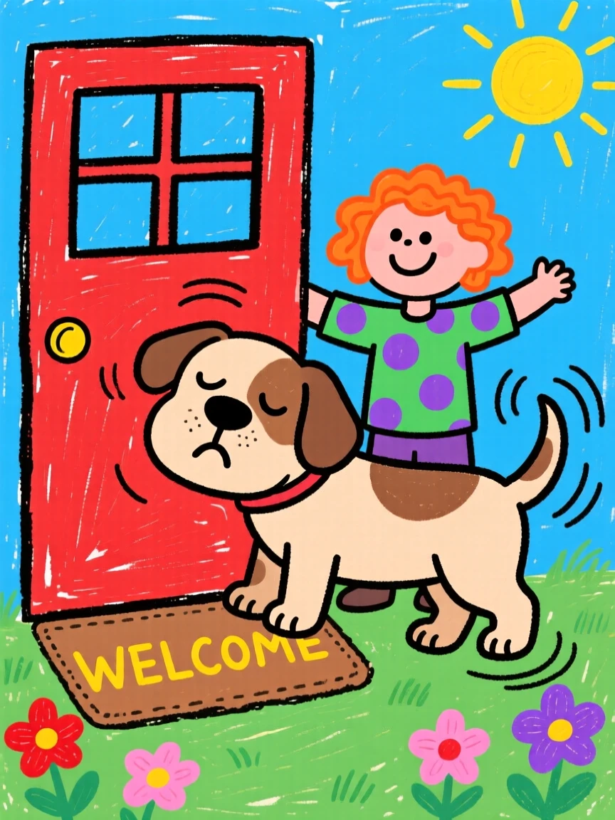 A sleepy bulldog puppy greeting its owner at the front door with a wagging tail.