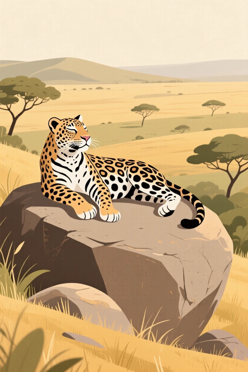 A majestic jaguar resting on a hillside boulder overlooking the savanna.