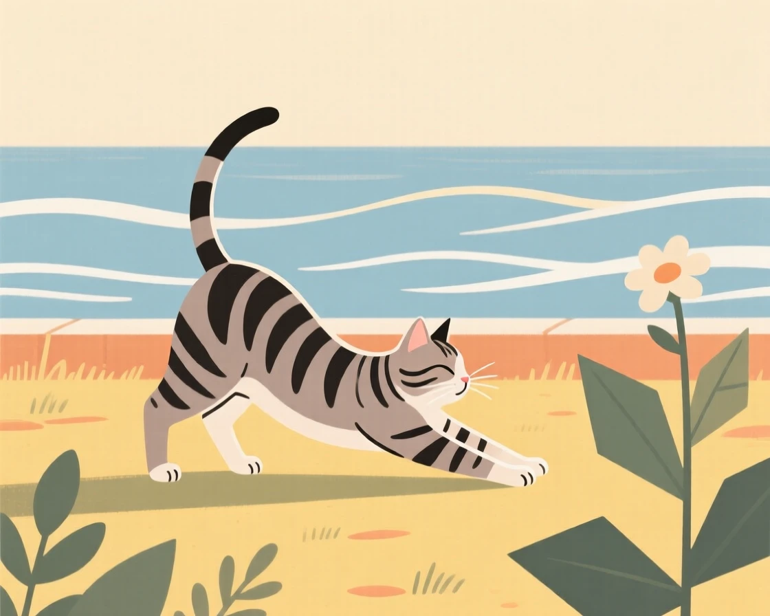 A tabby cat stretching in the sun in a quiet backyard garden, near gentle ocean waves, giving off a sense of wild freedom.