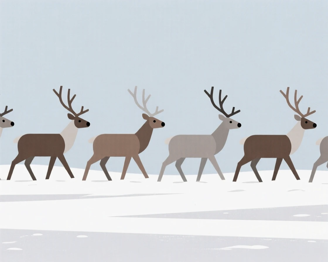A herd of reindeer walking through snow
