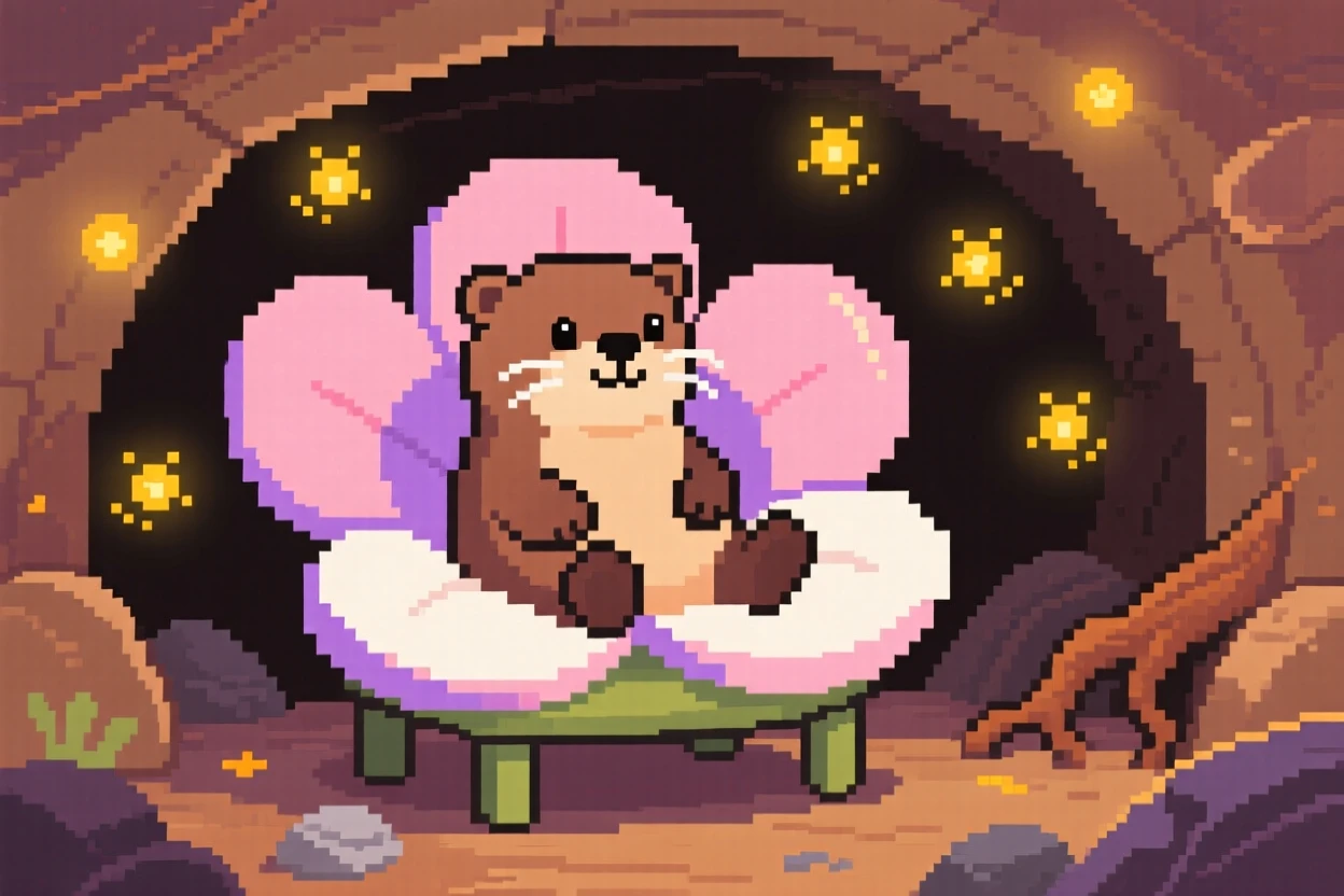 A young otter sitting inside a flower like a cozy chair, inside a cozy burrow lit by fireflies.
