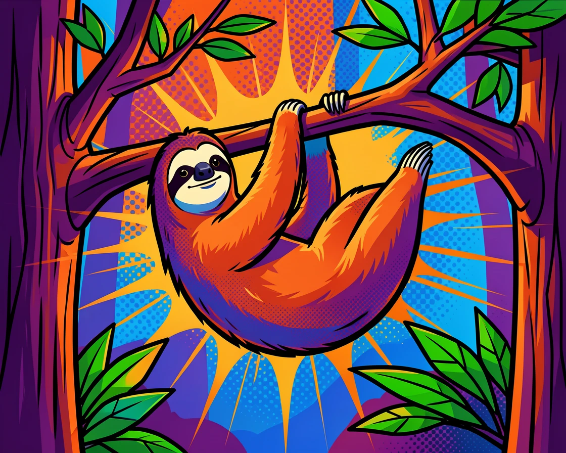 A sloth hanging lazily from a branch exploring a quiet forest at dawn