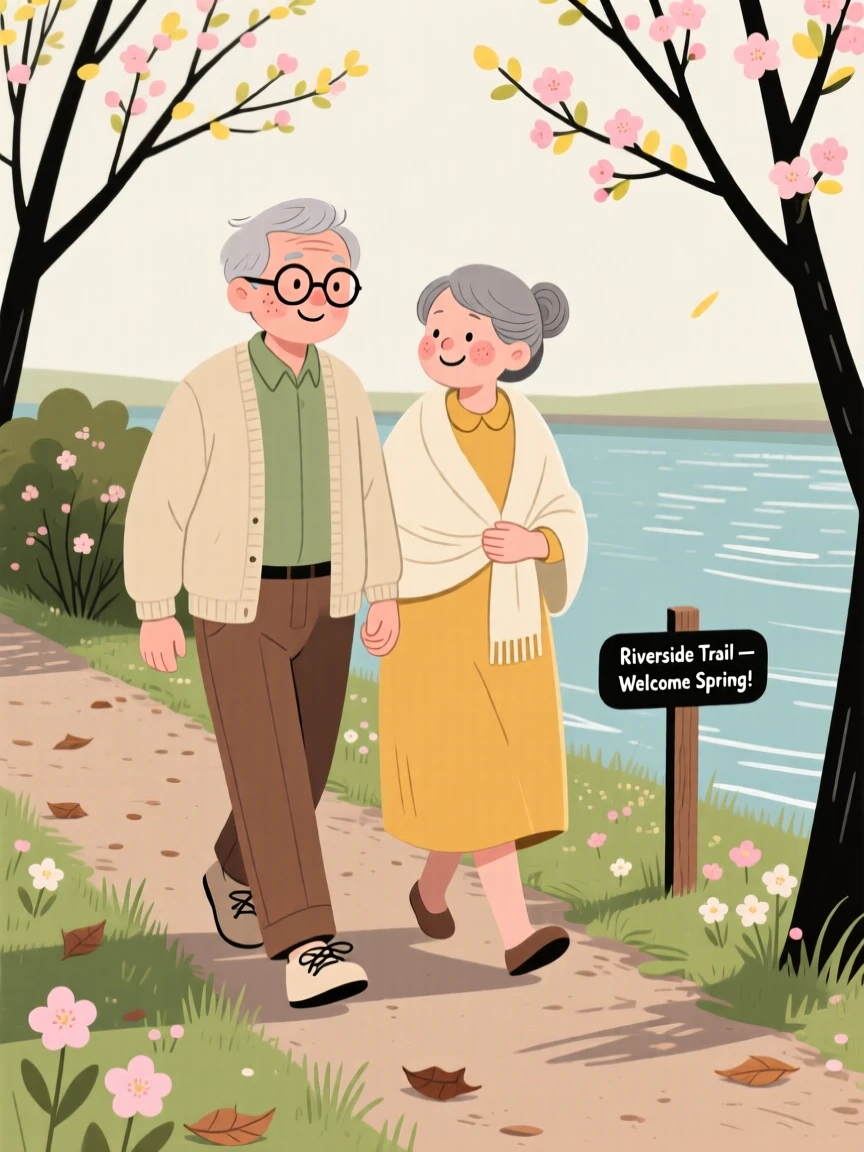 The first blossoms of spring open along a riverside trail as a elderly couple walks slowly by, smiling at the warmth returning in the mild morning air.