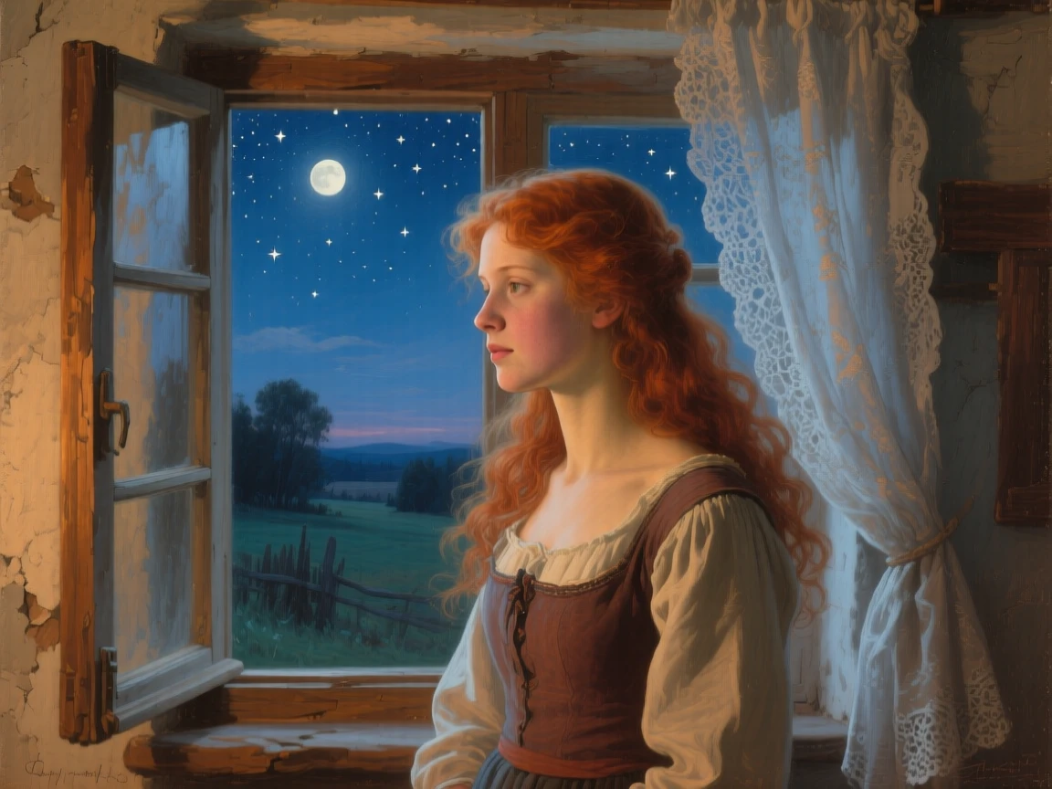 A close-up portrait of a young woman with flowing auburn hair standing by an open window, in rural Poland, under a canopy of stars.