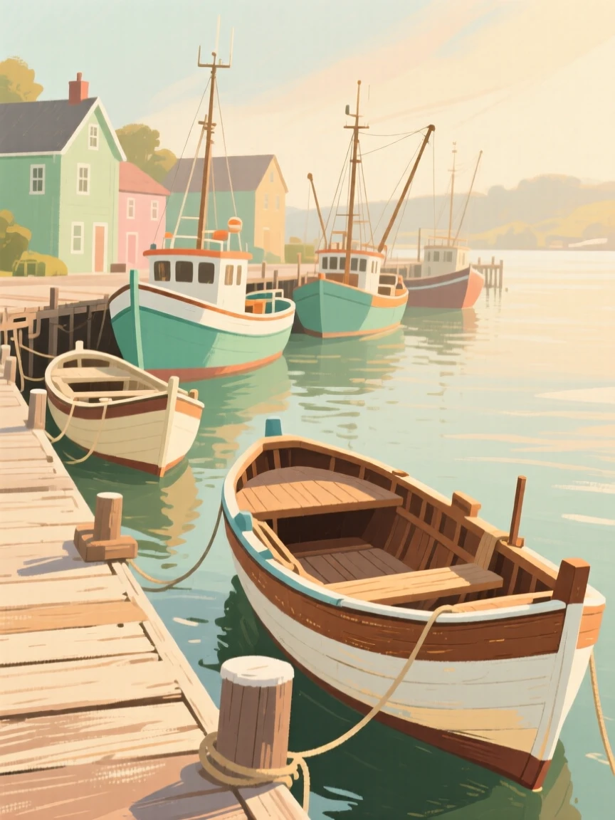 A fishing village harbor lined with brightly painted wooden boats
