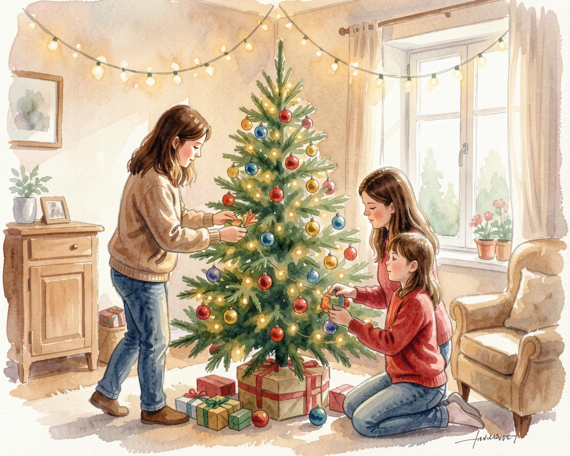 A family decorating a Christmas tree together under strings of warm fairy lights.