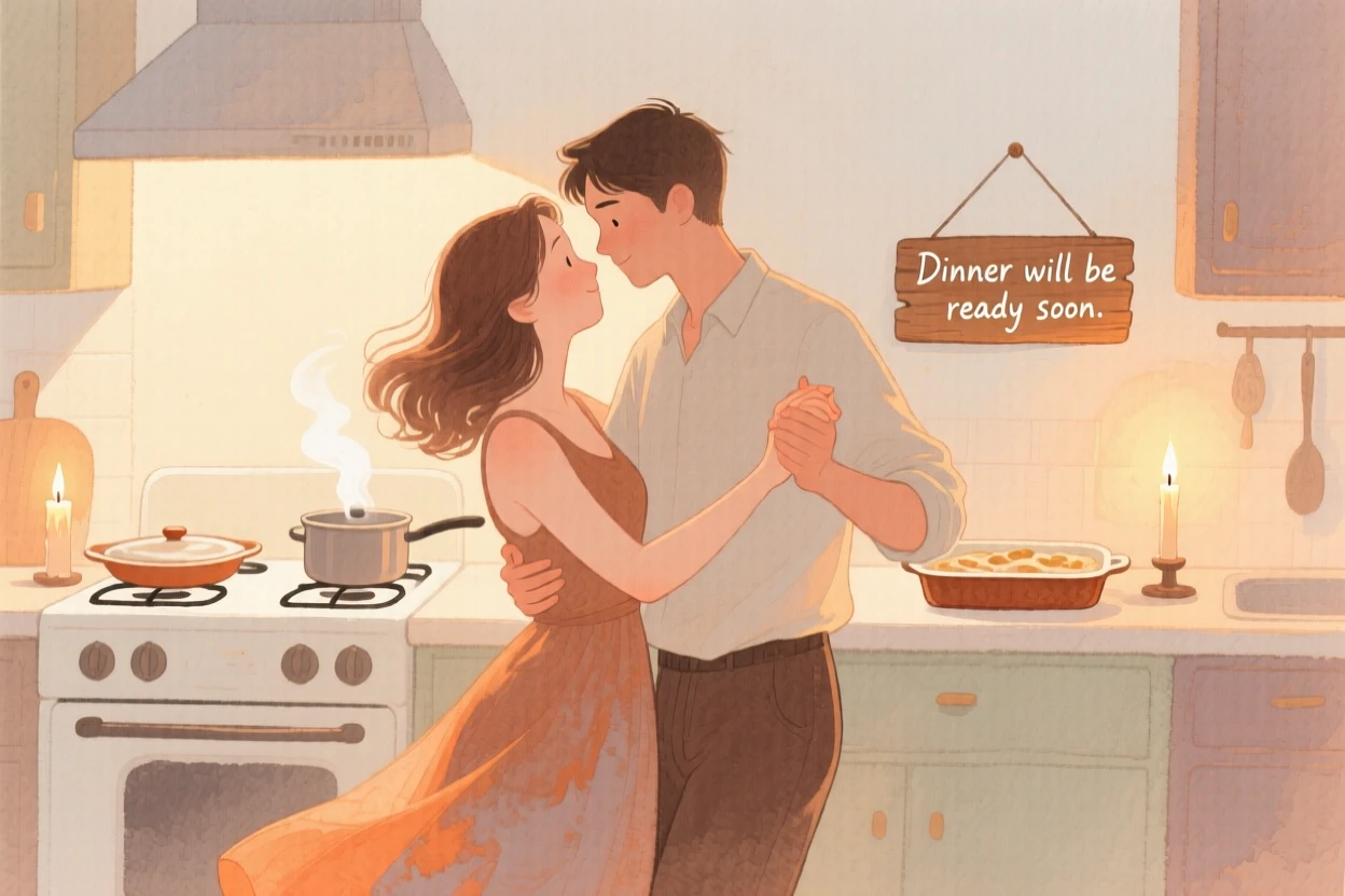 A couple dances slowly in a candlelit kitchen while dinner cools on the stove behind them
