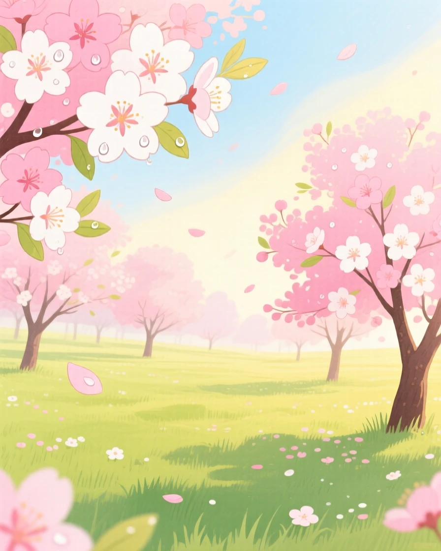 A field of blooming cherry blossoms glistening with morning dew.